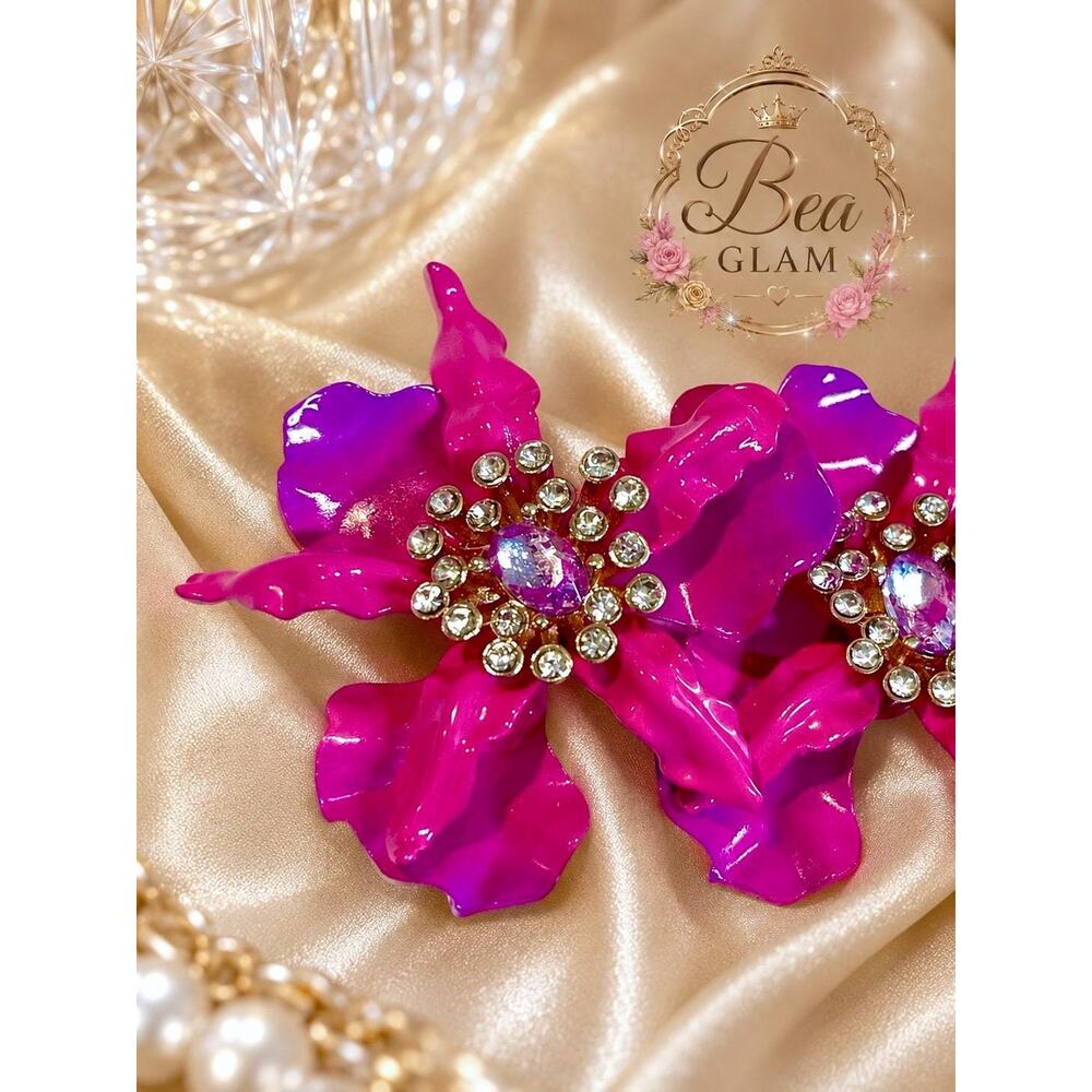 Betsey Johnson Orchid Flower Earrings, Hand-Painted Enamel, Crystal Studs - Picture 4 of 5